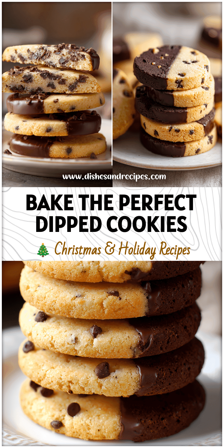 Stack of chocolate chip shortbread cookies with ends dipped in dark chocolate on a white plate.